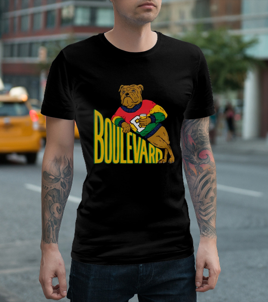 Boulevard Bully Dog in Colorful Sweater Holding Drink T-Shirt