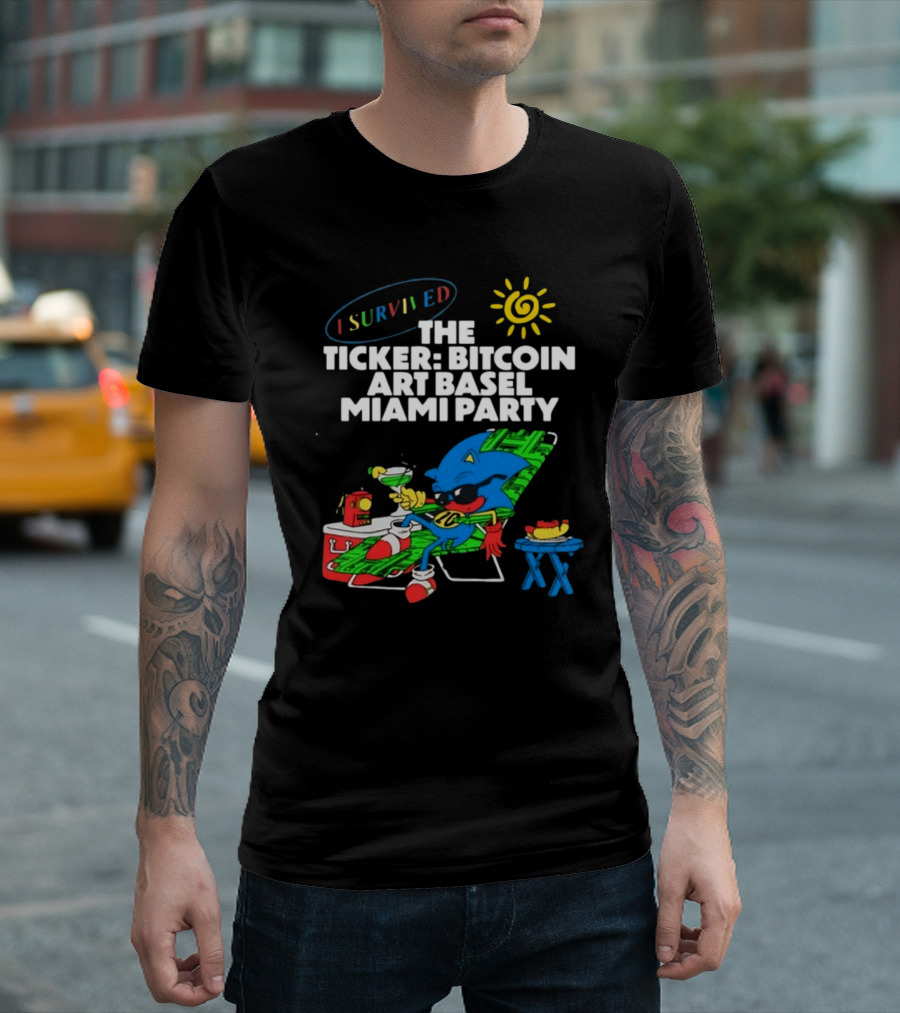 I Survived The Ticker Bitcoin Art Basel Miami Party Lounge Character Sun Cocktail T-Shirt