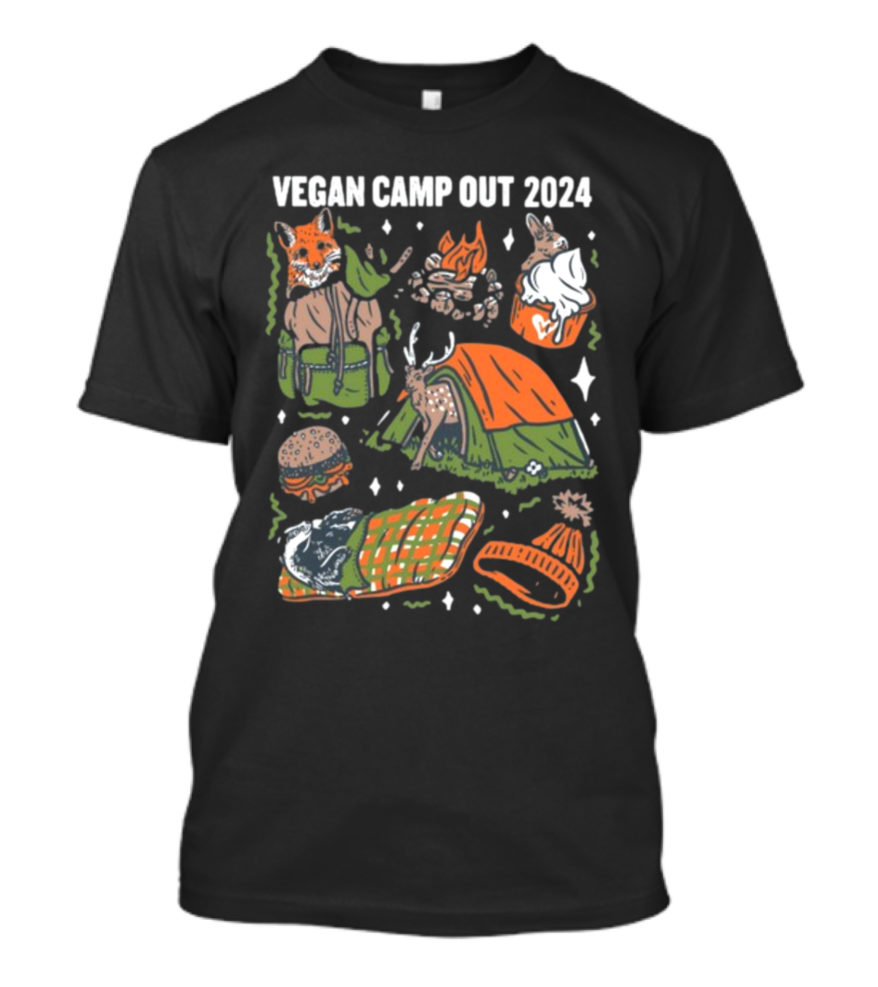 Vegan Camp Out 2024 Forest Animals Tent Campfire Deer Burger Sleeping Bag Beanie T-Shirt
