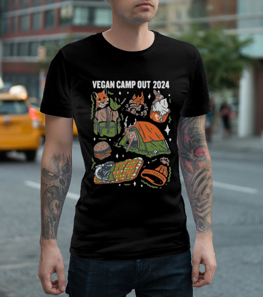 Vegan Camp Out 2024 Forest Animals Tent Campfire Deer Burger Sleeping Bag Beanie T-Shirt