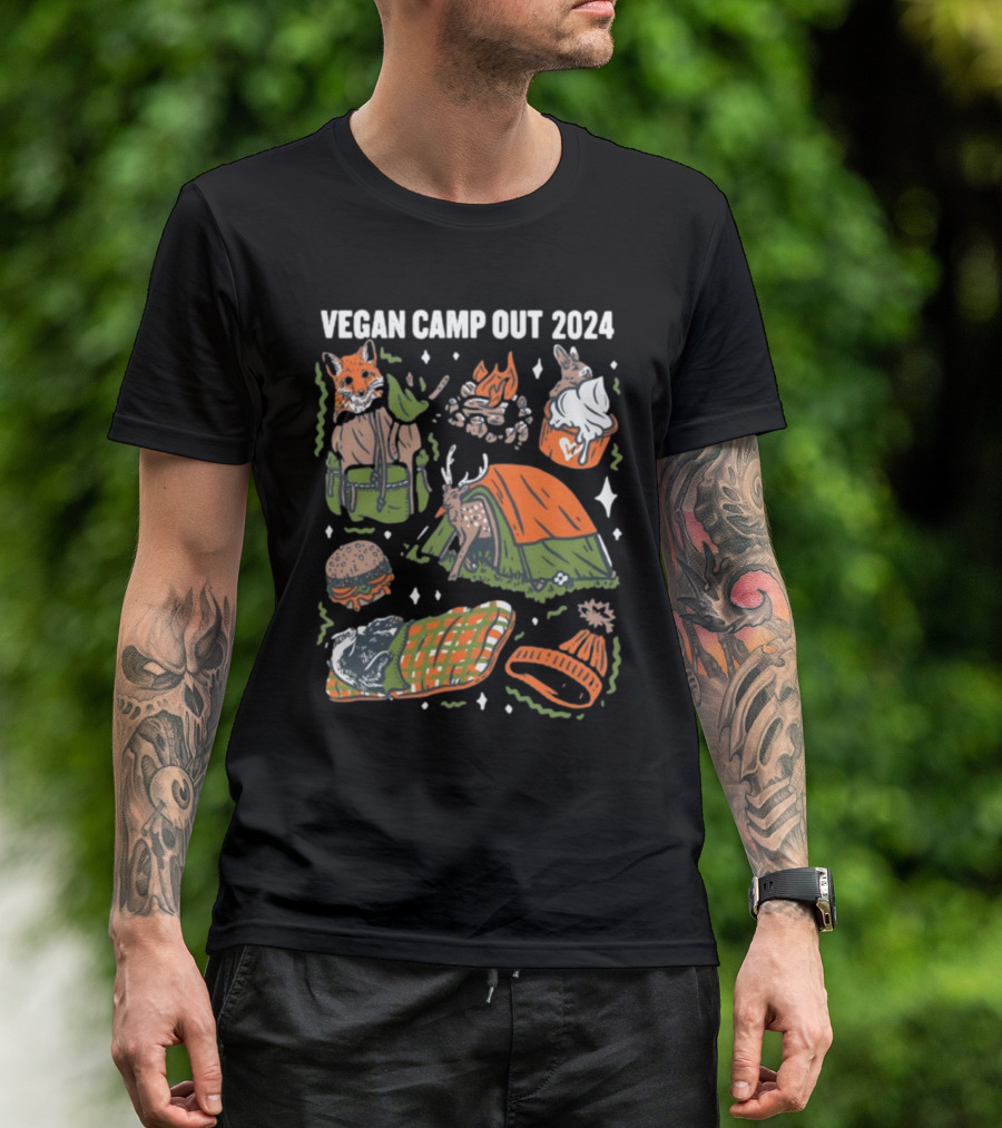 Vegan Camp Out 2024 Forest Animals Tent Campfire Deer Burger Sleeping Bag Beanie T-Shirt