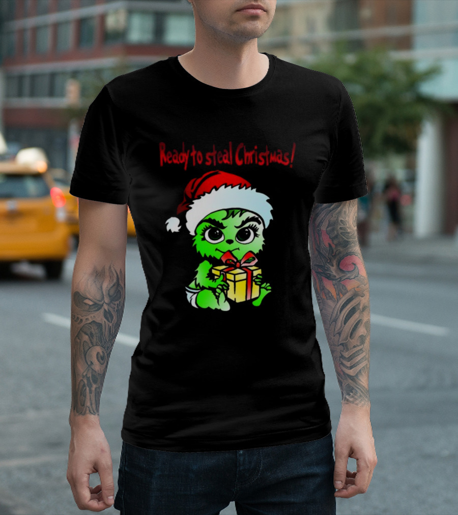 Cathygraphics3 Ready to Steal Christmas Green Santa Hat Gift T-Shirt