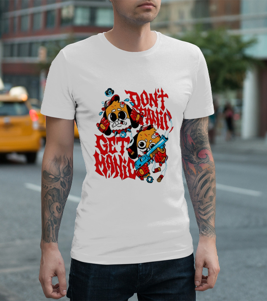 Don't Panic Get Manic Cartoon Characters with Colorful Styling and Playful T-Shirt