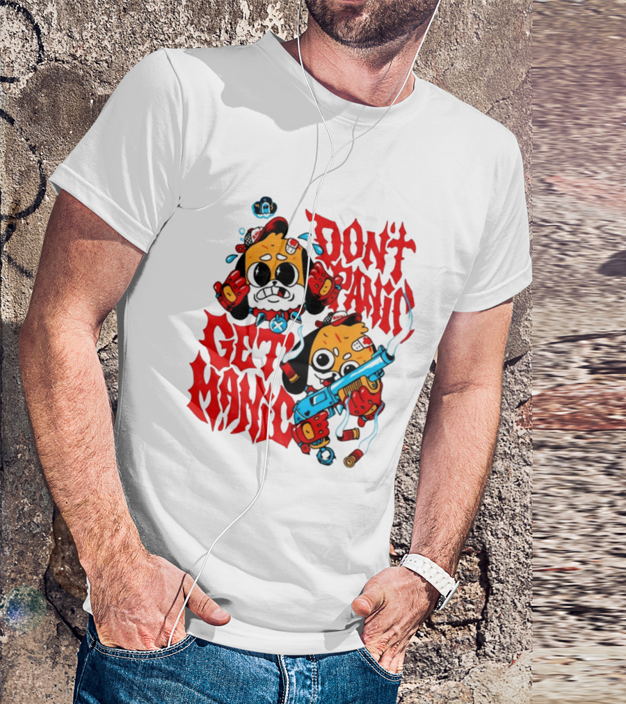 Don't Panic Get Manic Cartoon Characters With Colorful Styling And Playful T-Shirt