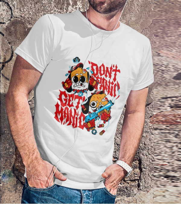 Don't Panic Get Manic Cartoon Characters With Colorful Styling And Playful T-Shirt