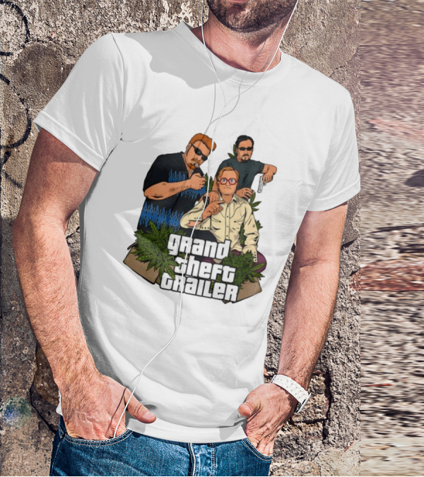 Grand Theft Trailer Cannabis Comedy Trio With Sunglasses And Pistol T-Shirt