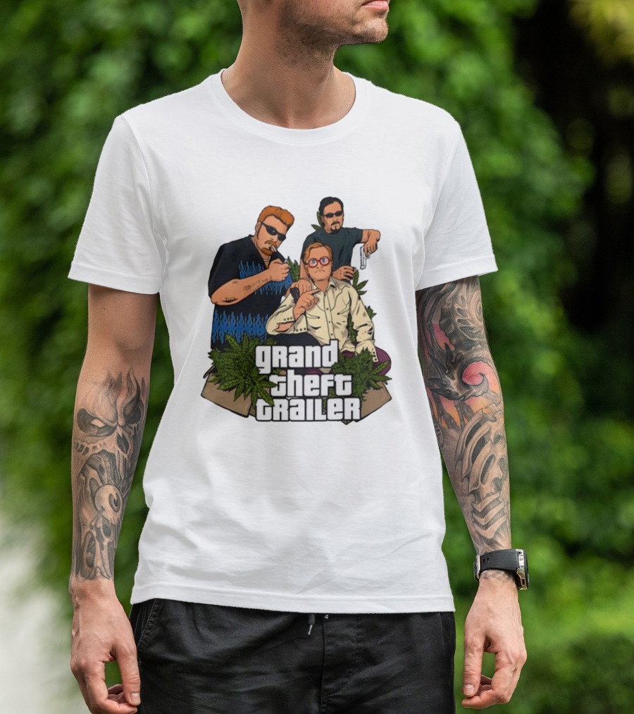 Grand Theft Trailer Cannabis Comedy Trio With Sunglasses And Pistol T-Shirt