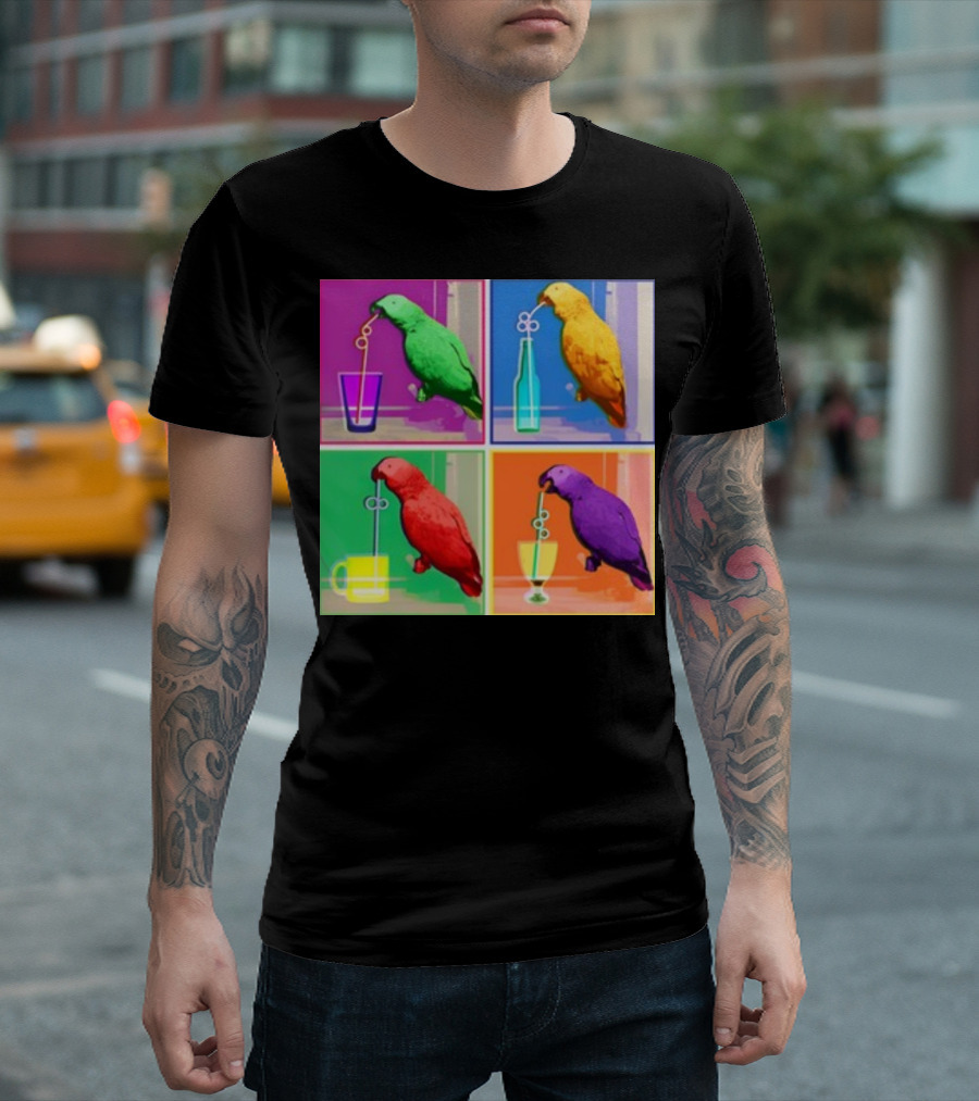 Apolloandfrens Suck Bird Colorful Pop Art Parrot Drinking from Straws T-Shirt