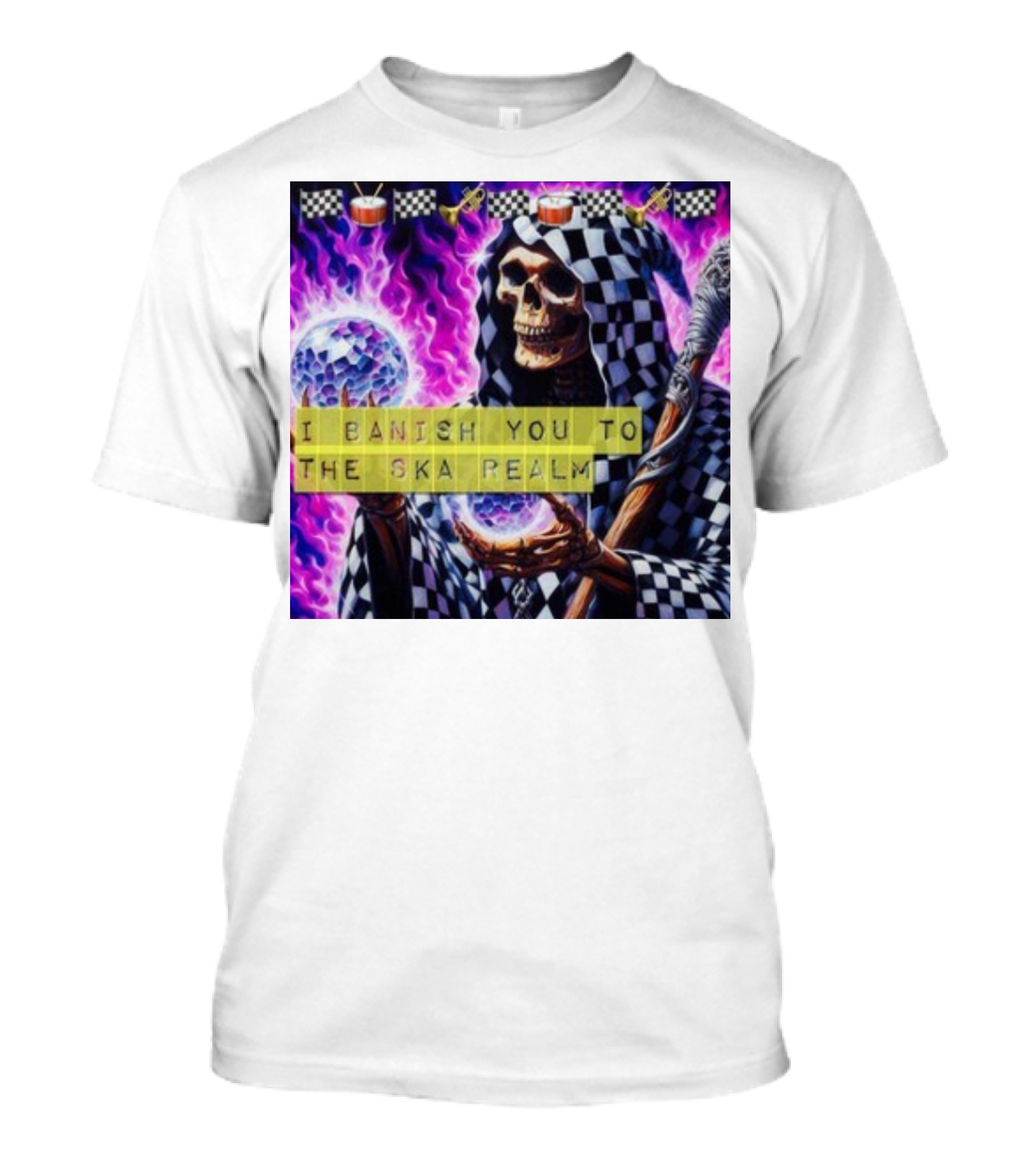 I Banish You To The Ska Realm With Skeleton Holding Disco Balls And Checkered T-Shirt