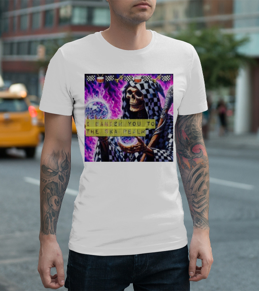 I Banish You To The Ska Realm With Skeleton Holding Disco Balls And Checkered T-Shirt
