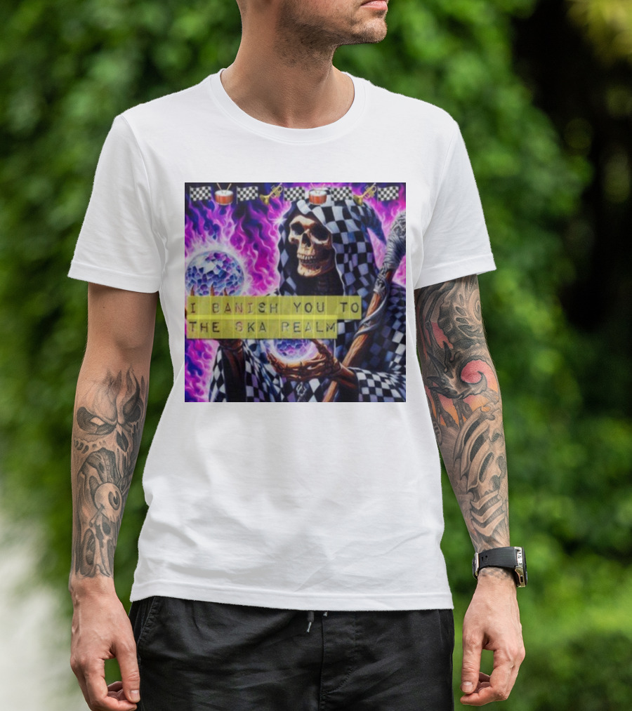 I Banish You To The Ska Realm With Skeleton Holding Disco Balls And Checkered T-Shirt