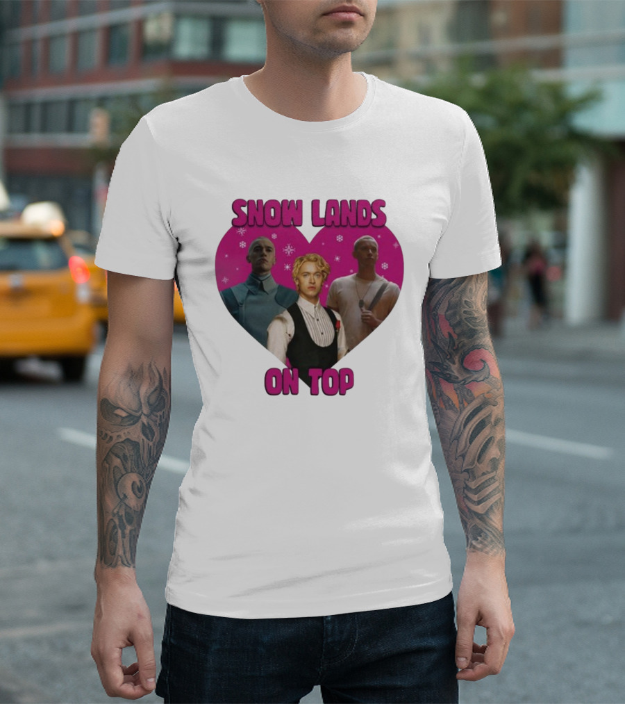 Snow Lands On Top Heart Pink Background Snowflakes T-Shirt