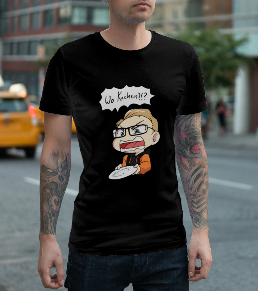 Wo Kuchen?? Comic Character Holding Empty Plate T-Shirt