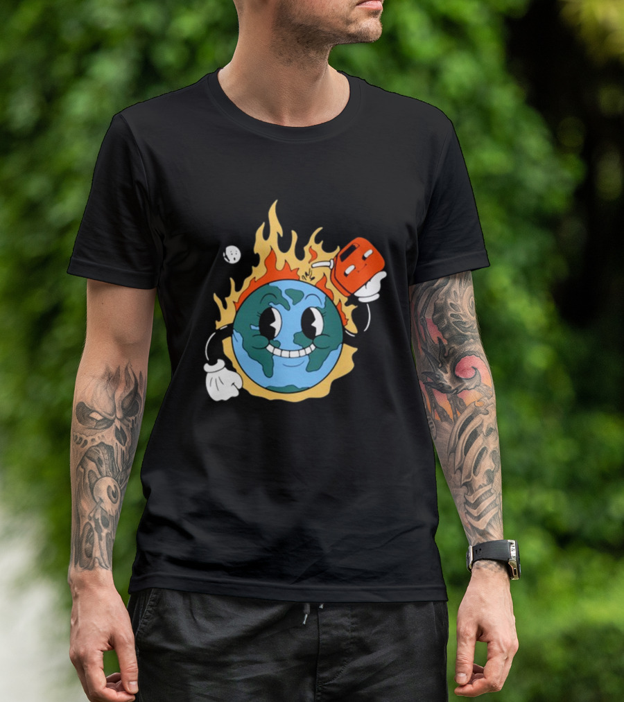 World On Fire Earth Cartoon Holding Gas Can Burning T-Shirt