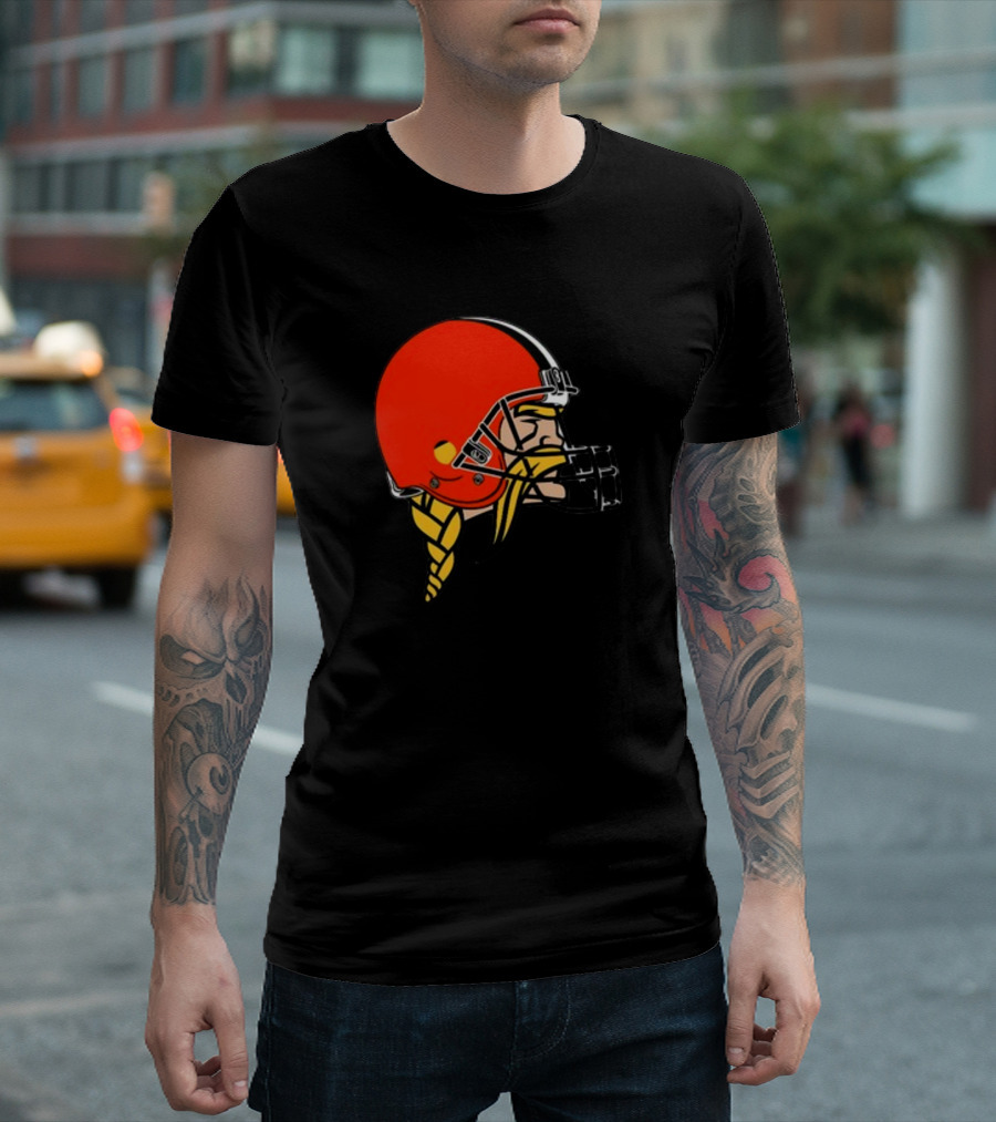 Vikings Helmet Featuring Browns Colors and Iconic Braided Warrior T-Shirt