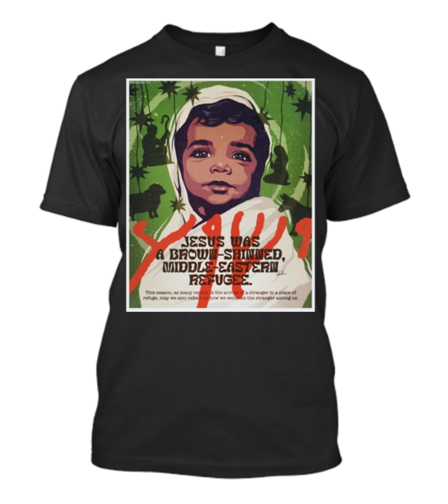 Jesus Was A Brown-Skinned Middle-Eastern Refugee Young Child Portrait Green Star Background T-Shirt