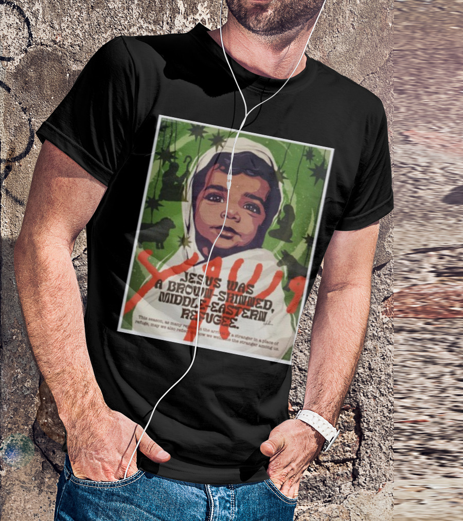 Jesus Was A Brown-Skinned Middle-Eastern Refugee Young Child Portrait Green Star Background T-Shirt