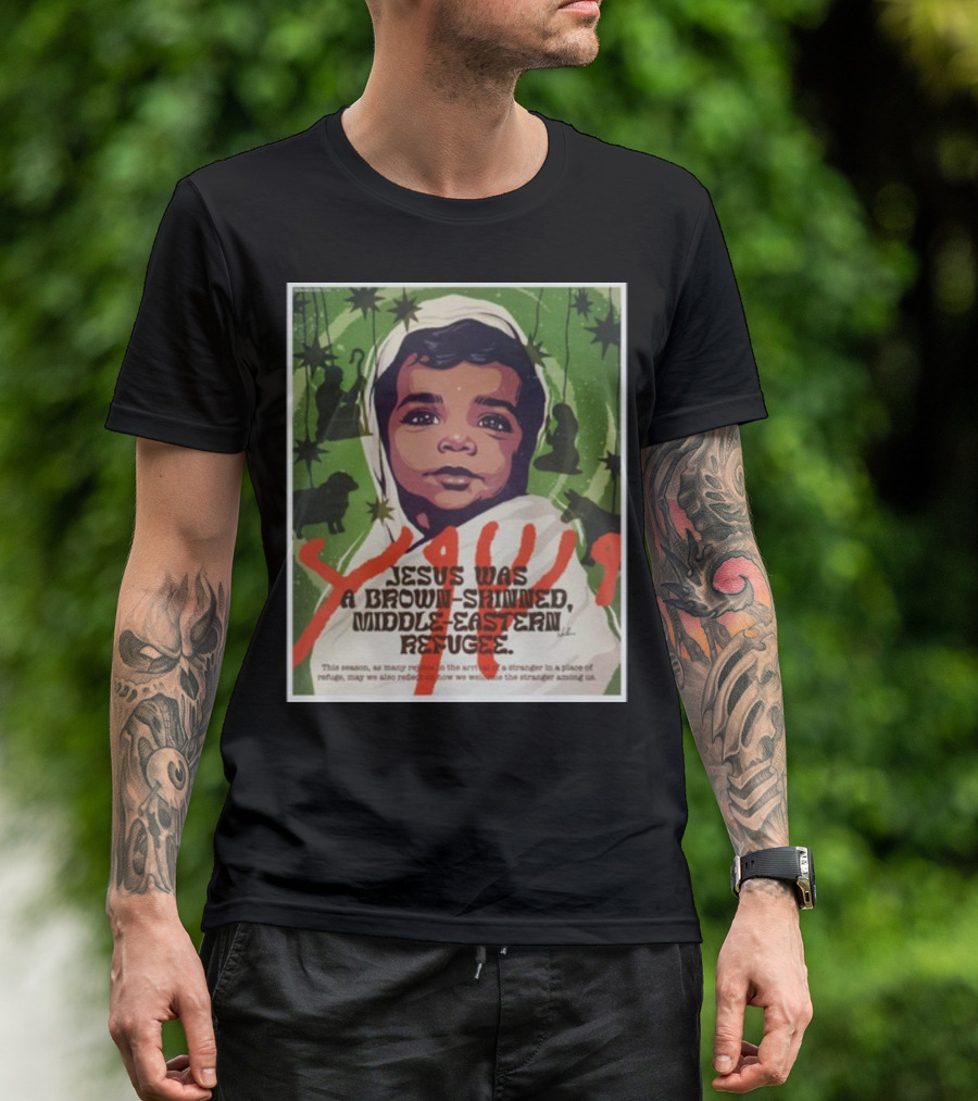 Jesus Was A Brown-Skinned Middle-Eastern Refugee Young Child Portrait Green Star Background T-Shirt
