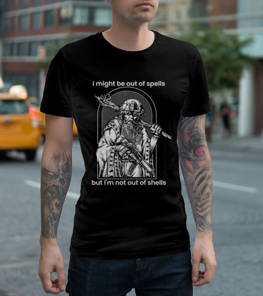 Samwise7rpg I Might Be Out Of Spells But I'm Not Out Of Shells Wizard Holding Shotgun and Staff T-Shirt