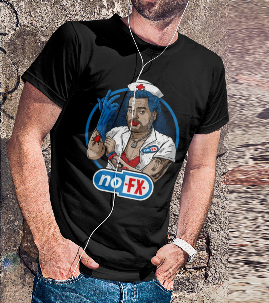 NOFX Blue Haired Nurse Mike Character In Red Lingerie With Tattoos And Blue Glove T-Shirt