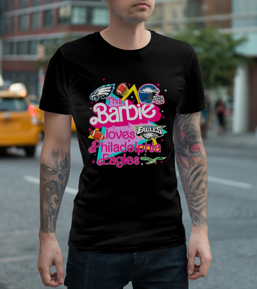 This Barbie Loves Philadelphia Eagles with Logos and Footballs T-Shirt
