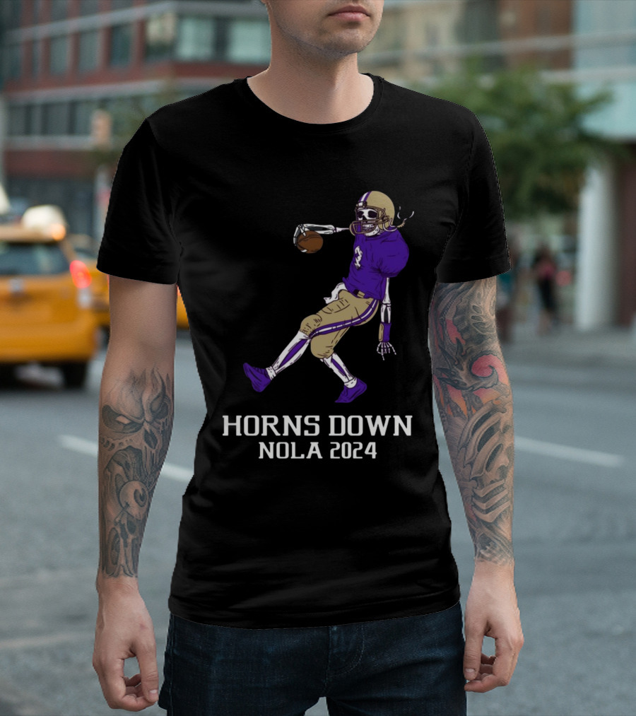 Horns Down Nola 2024 Skeleton Football Player T-Shirt
