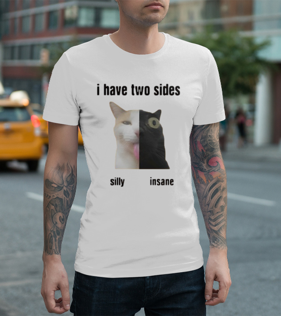 I Have Two Sides Silly Insane Cat Face Split T-Shirt