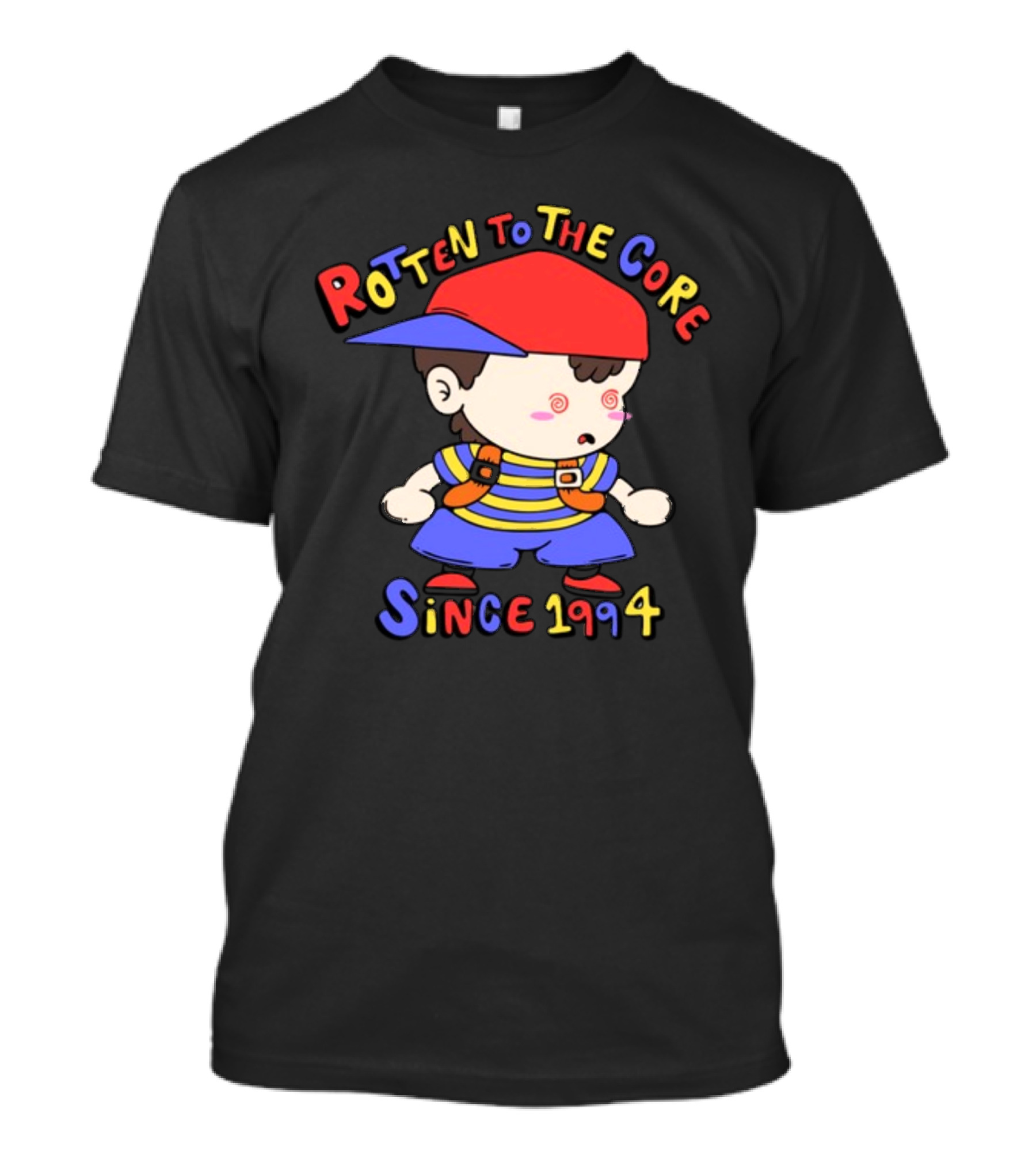 Rotten To The Core Since 1994 Striped Shirt Red Cap Backpack Spirals T-Shirt