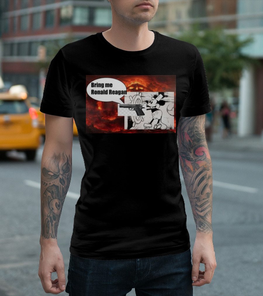 Bring Me Ronald Reagan Cartoon Character And Gun Over Fiery Background T-Shirt