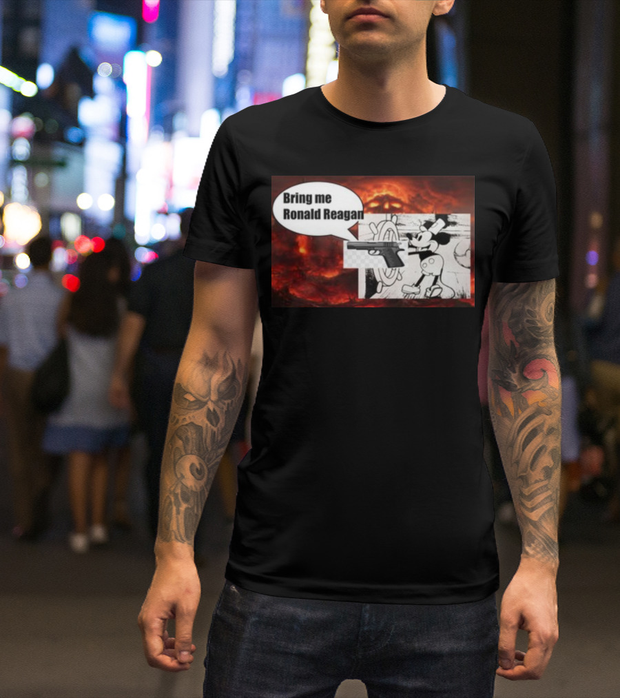 Bring Me Ronald Reagan Cartoon Character And Gun Over Fiery Background T-Shirt