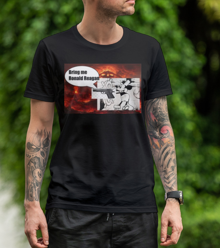 Bring Me Ronald Reagan Cartoon Character And Gun Over Fiery Background T-Shirt