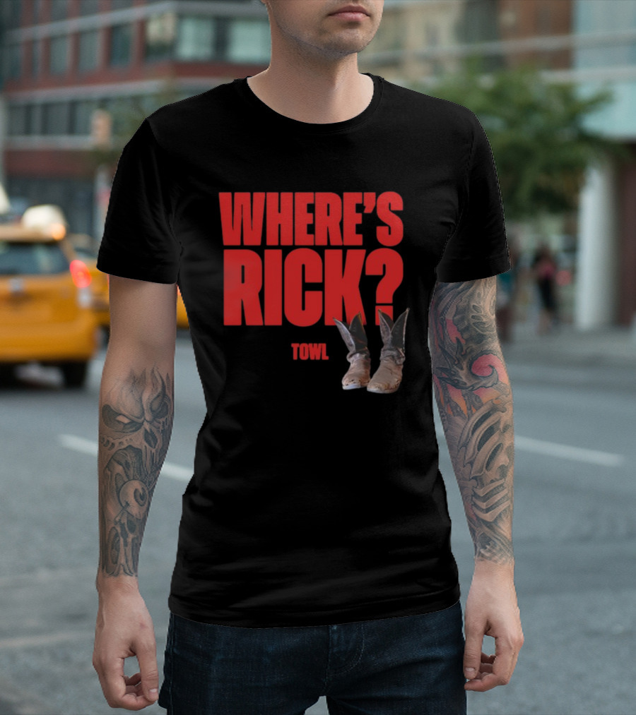 WHERE'S RICK TOWL Cowboy Boots Mystery T-Shirt