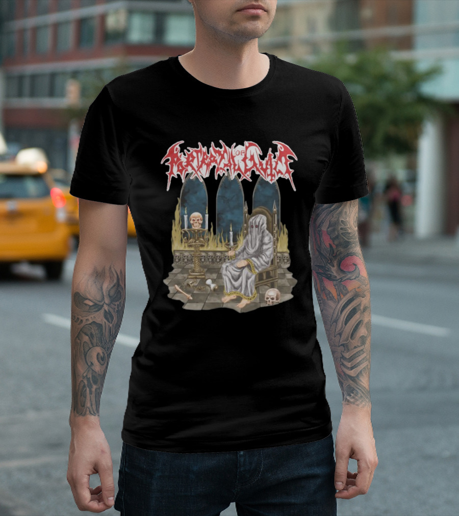 Portrayal Of Guilt Eyedust Cloaked Figure with Skull Throne and Candles T-Shirt
