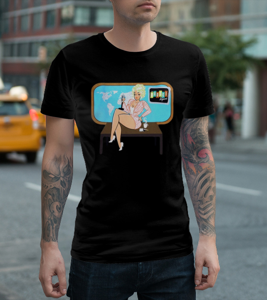 Broski Report News Blonde Host with Microphone and World Map T-Shirt