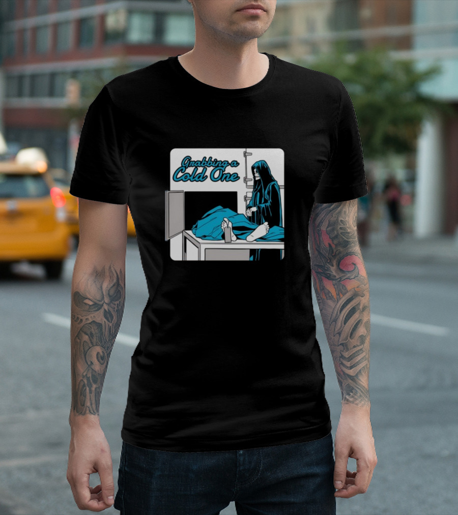 Grabbing a Cold One Grim Reaper with Feet on Morgue Table T-Shirt
