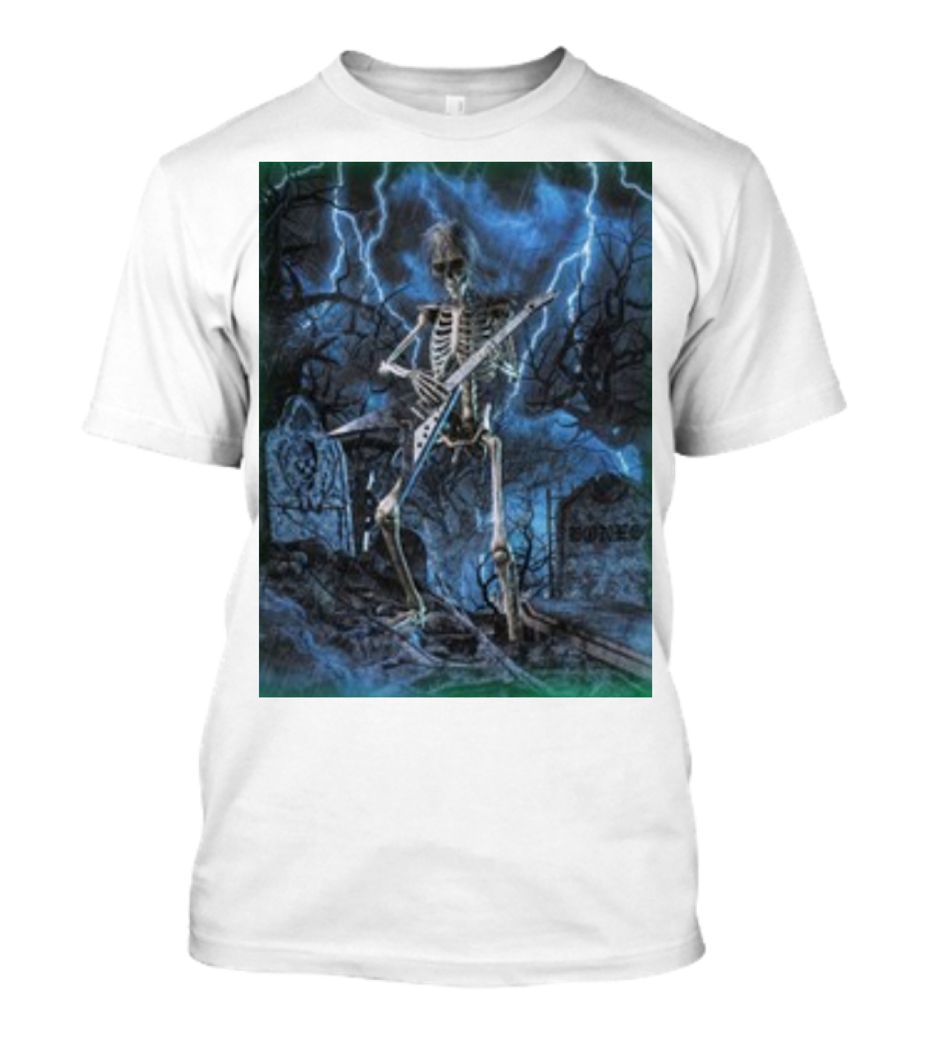 Teamsesh Rockthebone Skeleton With Electric Guitar In Graveyard Lightning Scene T-Shirt