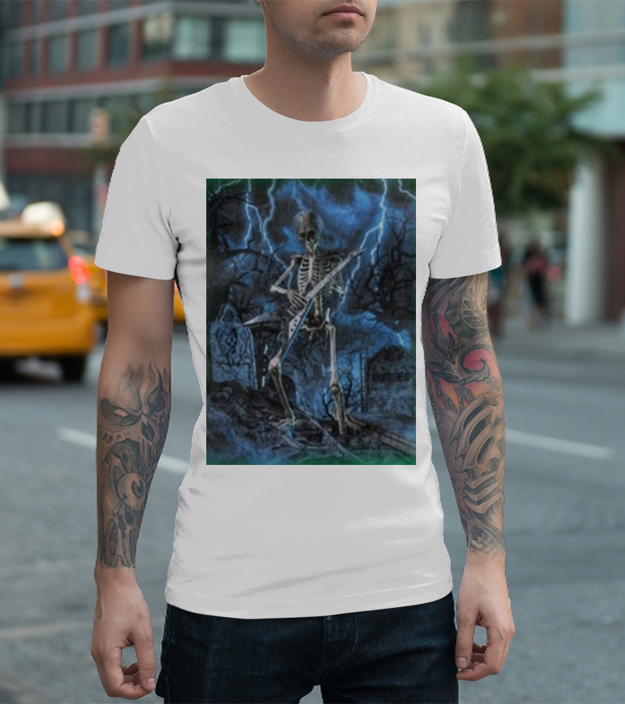 Teamsesh Rockthebone Skeleton With Electric Guitar In Graveyard Lightning Scene T-Shirt