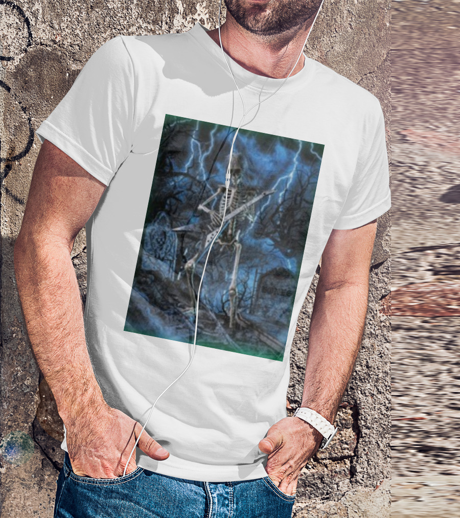 Teamsesh Rockthebone Skeleton With Electric Guitar In Graveyard Lightning Scene T-Shirt