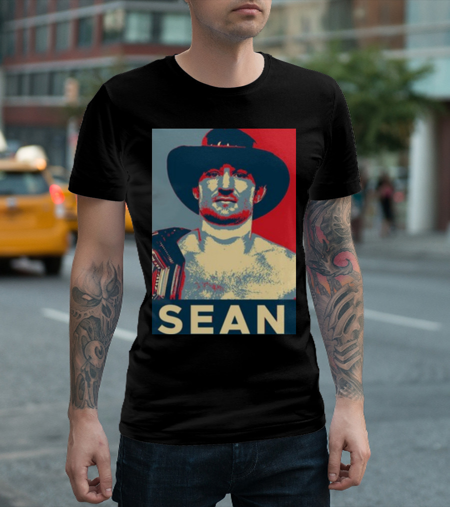 Sean 2024 Campaign Poster Style Image with Hat and Red Blue Background T-Shirt