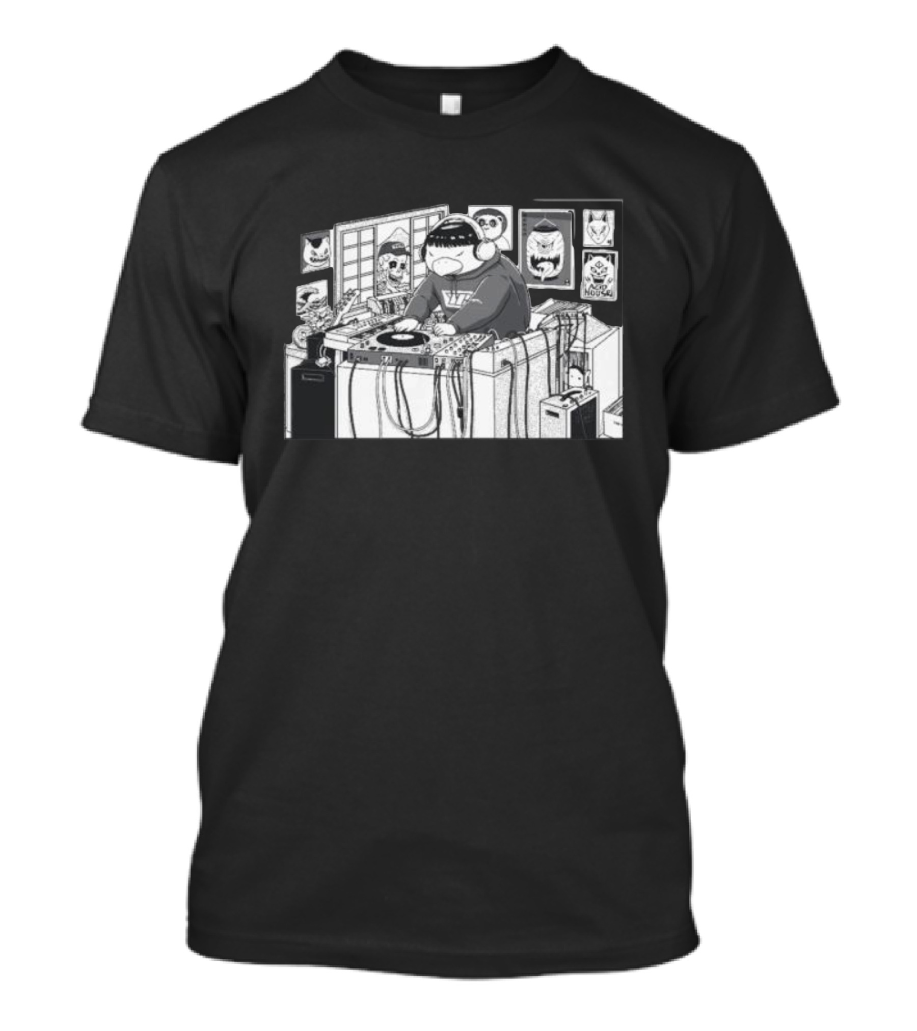 Yokai Beats DJ Mixing In Studio With Japanese Mask Collection T-Shirt