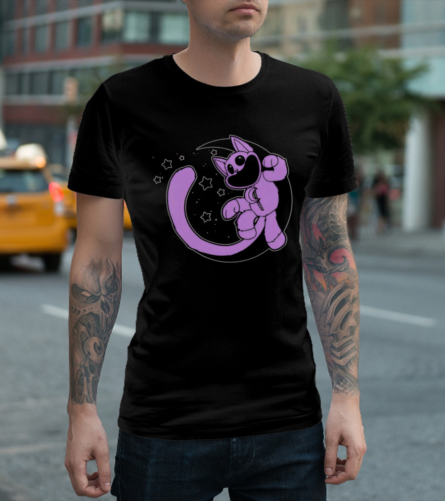 Purple Cartoon Cat With Stars And Moon T-Shirt
