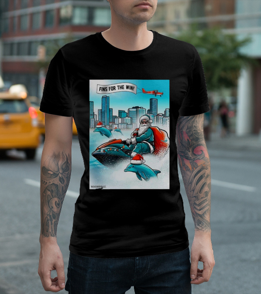 Fins For The Win Santa Miami Dolphins Christmas Holiday T-Shirt