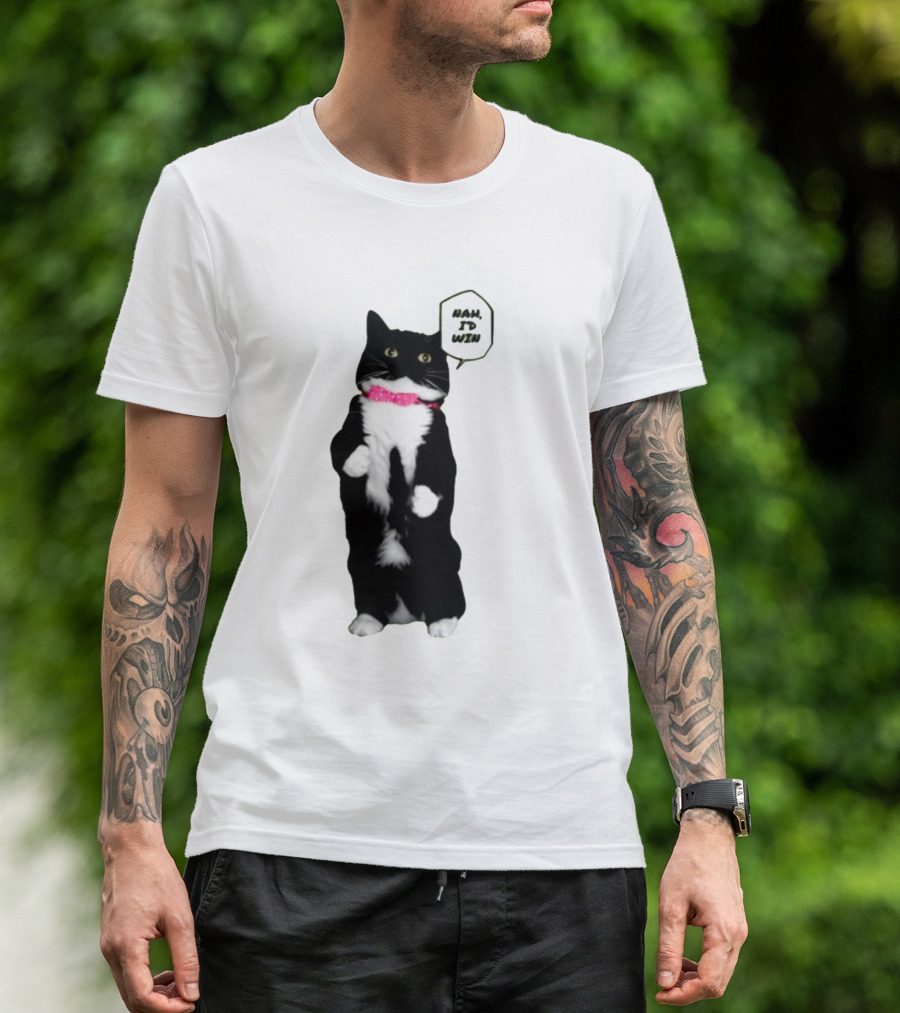 Nah I'd Win Cat Pink Collar Black And White Feline T-Shirt