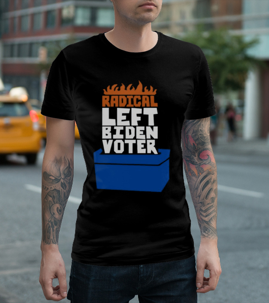 Radical Left Biden Voter New Burned Text Blue Box T-Shirt