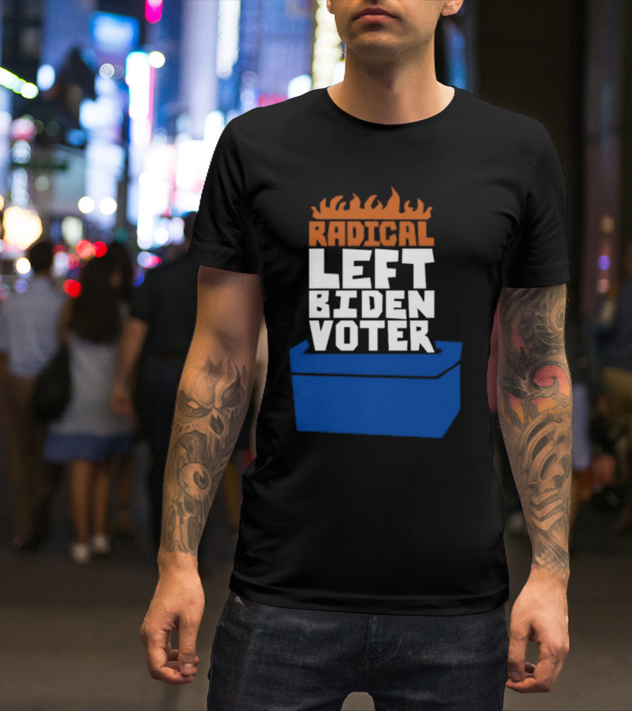 Radical Left Biden Voter New Burned Text Blue Box T-Shirt
