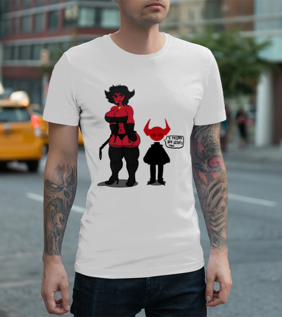 Thewboy Red Character with Devil Horns I Think She Likes You T-Shirt