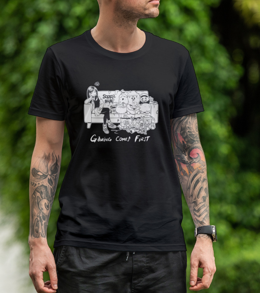 Sorry Babe Gaming Comes First Couch Scene With Characters And Fabs Rich Text T-Shirt