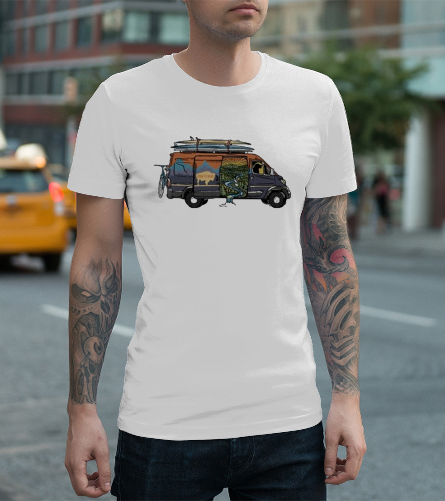 Born To Roam Adventure Camper With Surfboards And Bicycles T-Shirt