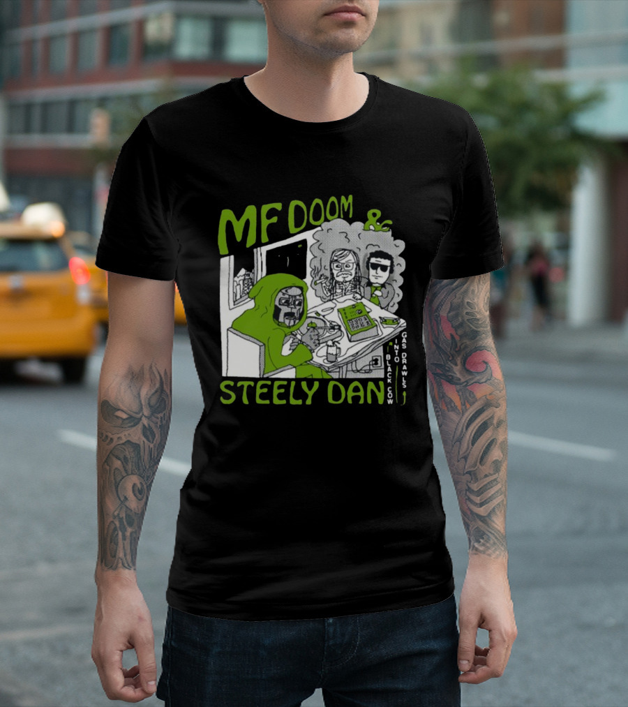 MF Doom and Steely Dan Black Cow Into Gas Drawls Comic Style Scene T-Shirt