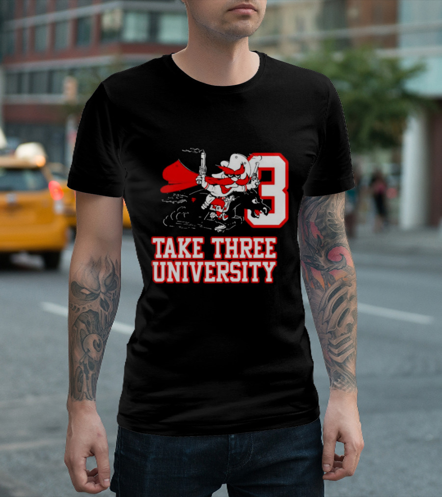 Take Three University Cowboy Mascot with Dual Pistols Number 3 T-Shirt